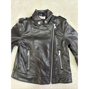 H&M Kids faux leather Moto Biker Black Collar Pocket Zip Up jacket size 8-9